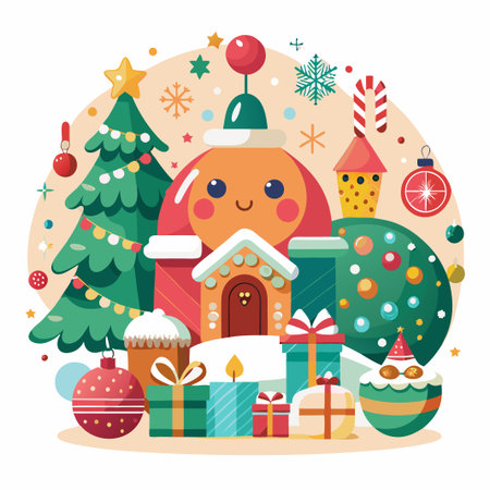 Christmas gingerbread house illustration with decorated Christmas tree and presents.のイラスト素材
