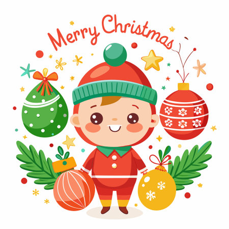 Cute cartoon boy in Santa suit holding Christmas ornaments, surrounded by festive elements.のイラスト素材