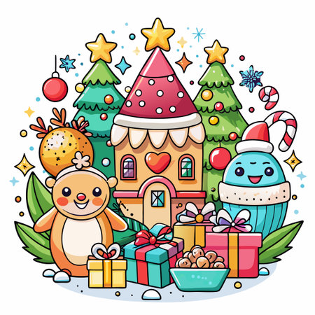 Christmas illustration with a gingerbread house, reindeer, snowman, gifts, candy canes and Christmas trees.のイラスト素材