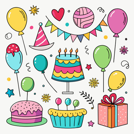 Colorful doodle birthday party icons with balloons, cake, and gift.のイラスト素材
