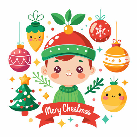 Cute boy wearing a Christmas hat with Christmas tree and ornaments.のイラスト素材