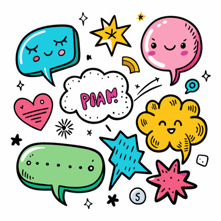 Hand drawn cartoon speech bubbles with cute faces and stars.のイラスト素材