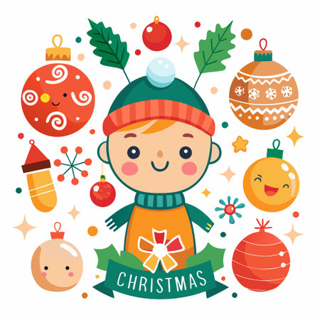 Cute cartoon boy wearing a Christmas hat surrounded by colorful ornaments and a banner.のイラスト素材