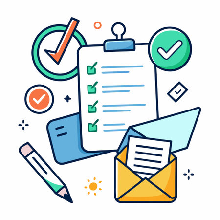 Checklist with Check Marks, Envelope, Pencil, and Sun.
