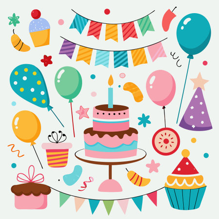 Colorful birthday party elements with a cake, cupcakes, balloons and flags.のイラスト素材