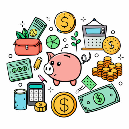 Hand drawn illustration of piggy bank, coins, calculator, and other financial icons.のイラスト素材