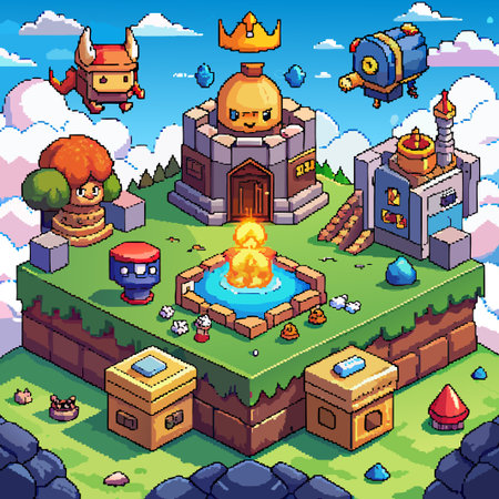 Pixelated fantasy landscape with buildings, floating creatures, and a fire pit in the center.