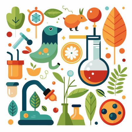 Colorful illustration of science and nature elements with a flat design.のイラスト素材