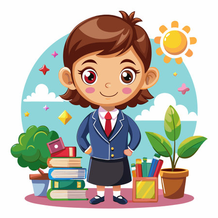 Cartoon girl in school uniform standing with books, pencils, and plants.のイラスト素材