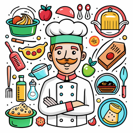 Cartoon chef with mustache in a white hat, surrounded by culinary icons.のイラスト素材