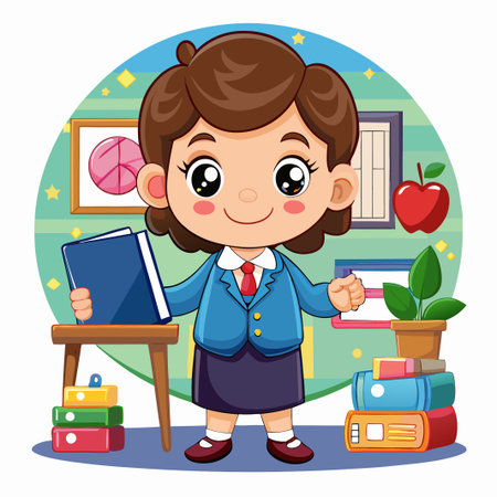Happy school girl holding a book in a classroom setting.のイラスト素材