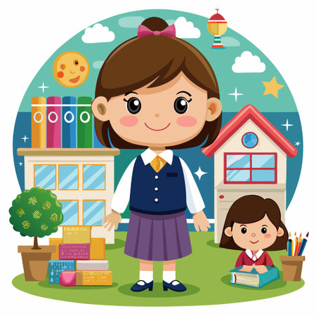 Two cartoon girls wearing school uniforms, one reading a book, the other standing, in front of a school building.のイラスト素材