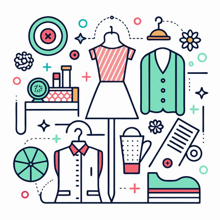 Colorful illustration of fashion accessories and clothing with outline style.のイラスト素材