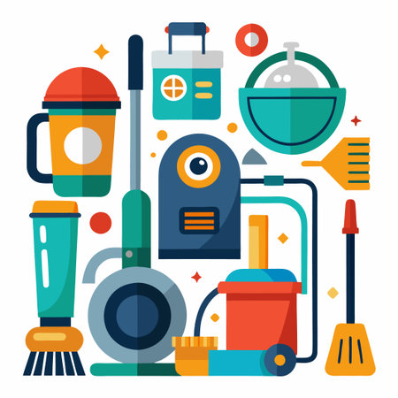 Colorful cleaning supplies with a brush, dustpan, bucket, and vacuum cleaner.のイラスト素材