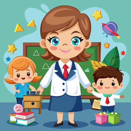 A teacher with two students standing in front of a blackboard.のイラスト素材