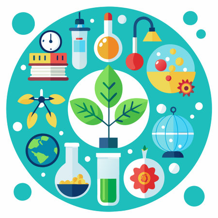 Colorful science icons around a green plant, including beakers, test tubes, books, a clock, an atom, a globe, and a flower, on a teal background.のイラスト素材