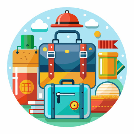 Colorful travel luggage in circle with clouds.のイラスト素材