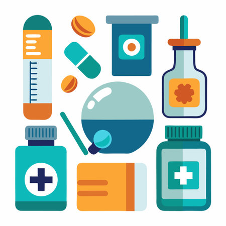 Colorful Illustration of Medicine Bottles, Pills, and a Thermometer.のイラスト素材