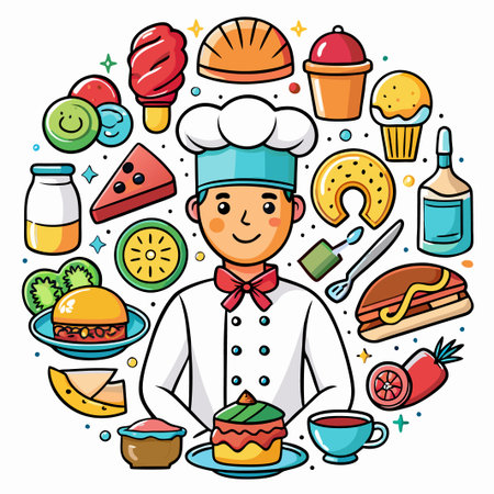 Cartoon Chef Surrounded by Food.のイラスト素材