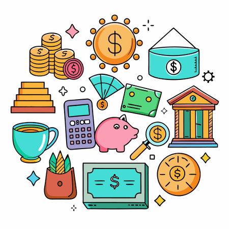 Colorful line art illustration of various financial icons.のイラスト素材