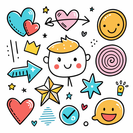 Hand-drawn doodles with hearts, stars, and smiley faces.のイラスト素材