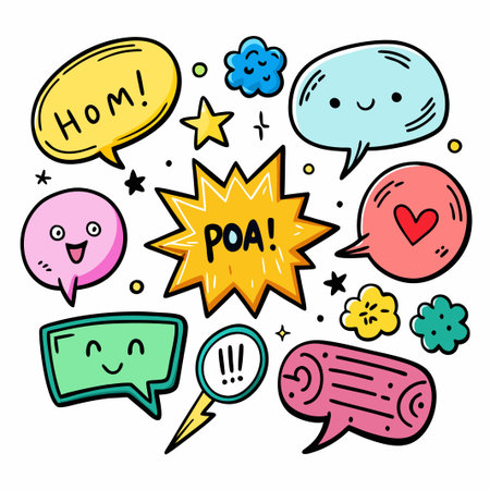 Cute speech bubbles with funny faces and words.のイラスト素材