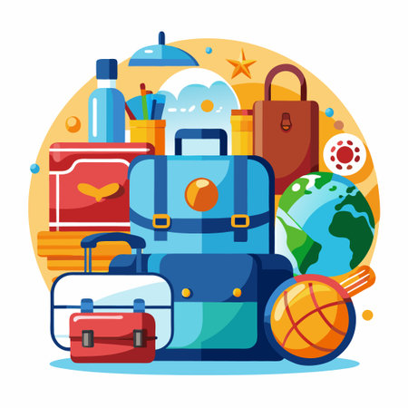 Colorful Backpack with School Supplies.のイラスト素材