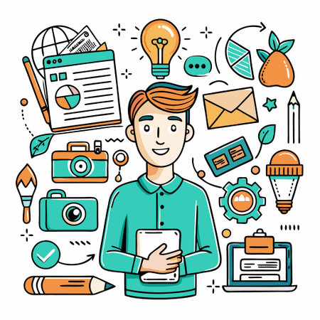 Smiling man holding tablet surrounded by colorful icons representing business, ideas, and technology.のイラスト素材