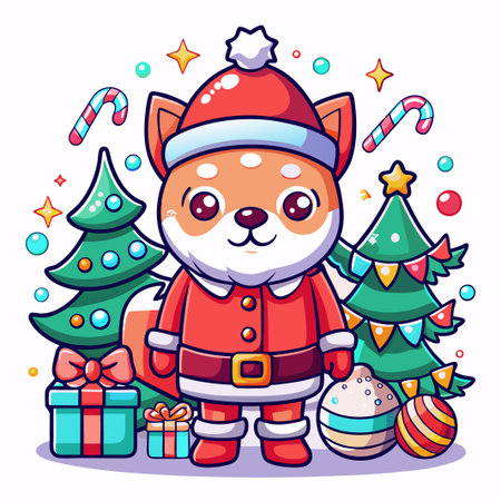 Cute fox wearing Santa suit with Christmas trees, gifts and ornaments.のイラスト素材