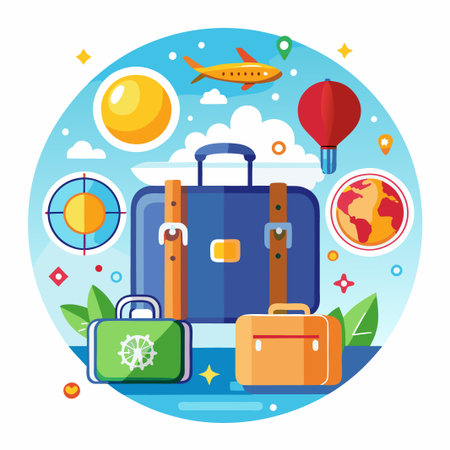 Colorful illustration of suitcases and travel icons.のイラスト素材