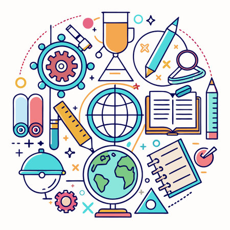 Colorful hand drawn illustration with various school and office supplies like book, pencils, and globe.のイラスト素材