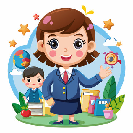 Smiling teacher with books, globe, and apple.のイラスト素材