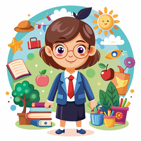 Cute schoolgirl cartoon character with school supplies.のイラスト素材