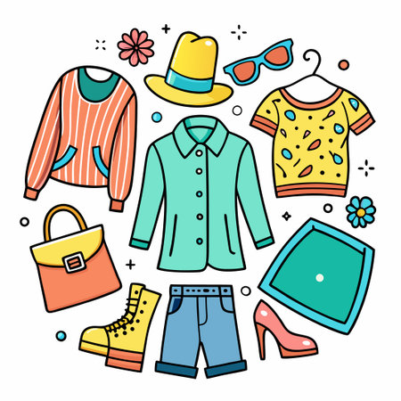 Fashion illustration of various items of clothing, shoes and accessories.のイラスト素材