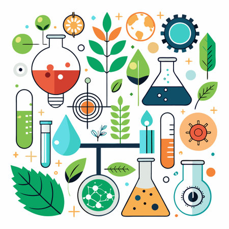 Colorful illustration of science lab equipment and leaves for education or research.のイラスト素材