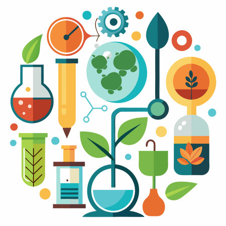 Colorful botanical science icons with leaves, plants, beakers, and test tubes.のイラスト素材