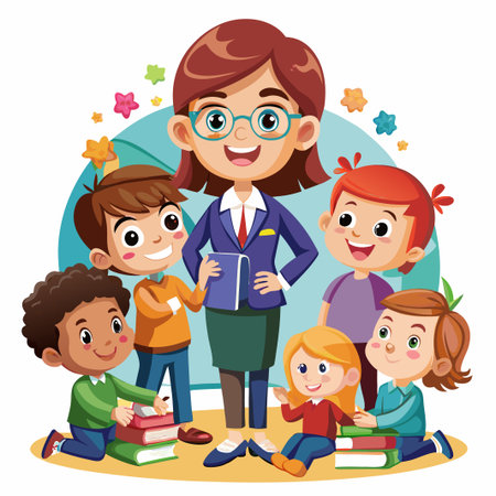 Happy teacher with kids reading books.のイラスト素材
