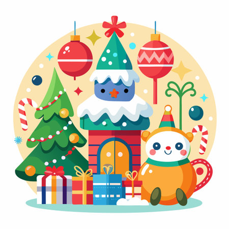 Festive Christmas illustration with a cartoon character, Christmas tree, gingerbread house, gifts, candy canes, and ornaments.のイラスト素材