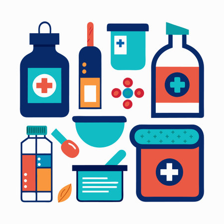Set of medical supplies and pills with a white background.のイラスト素材