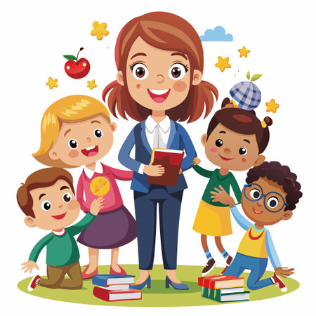 Happy teacher with four children and books around them.のイラスト素材