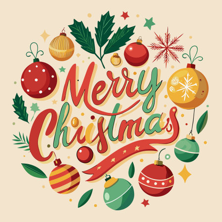 Festive Christmas greeting with ornaments and holly.のイラスト素材