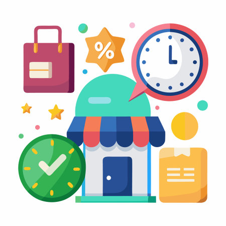 Cartoon illustration of a store with a clock, shopping bag, checkmark, and a star with percentage.のイラスト素材