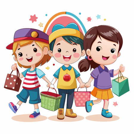 Happy kids shopping with bags and baskets.のイラスト素材