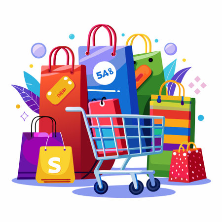 Colorful shopping bags in a cart.のイラスト素材