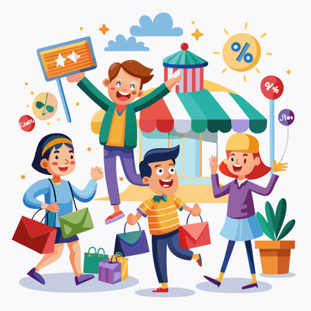 Happy customers shopping with big discounts.のイラスト素材