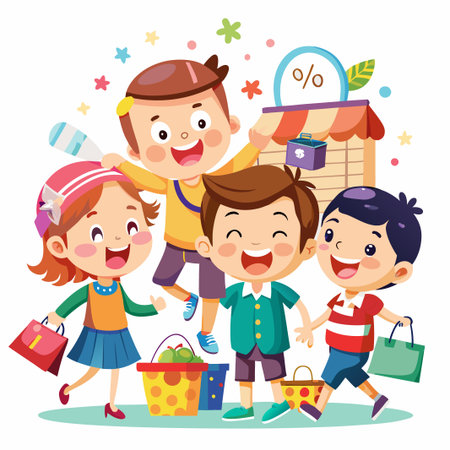 Four happy children go shopping, carrying shopping bags and baskets, with a discount sign behind them.のイラスト素材