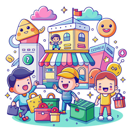 Three cartoon children stand near a colorful building with a striped awning and hold colorful shopping bags.のイラスト素材