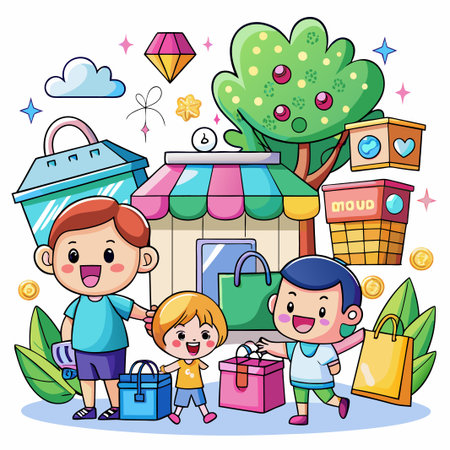 Three happy cartoon characters shopping together.のイラスト素材