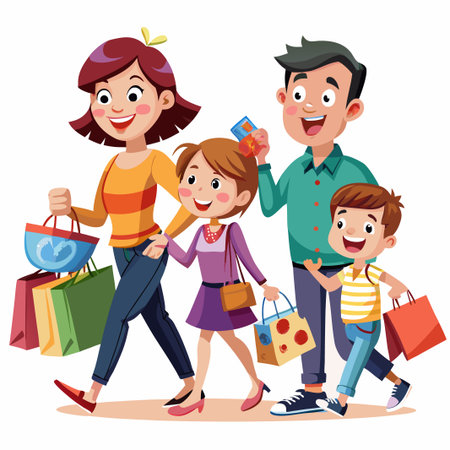 Happy family with shopping bags and credit card walking after shopping.のイラスト素材