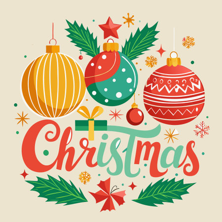 Colorful Christmas Baubles, Ornament, Gift and Holly Leaves.のイラスト素材